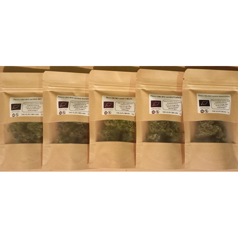 Pack Dégustation CBD Bio – 5 Fleurs Artisanales Françaises – Jardin du Bocage
